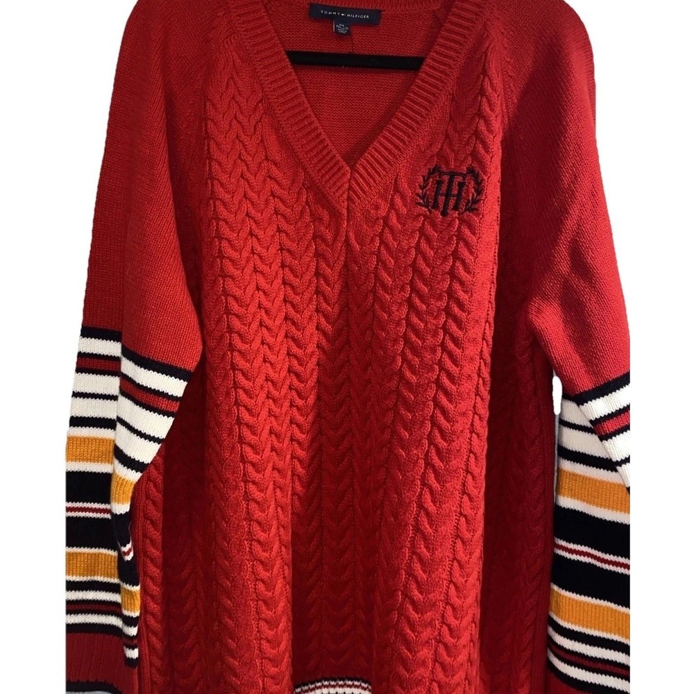 Tommy Hilfiger Varsity Stripe Sweater Red Embroidered Logo Cable Knit 2X